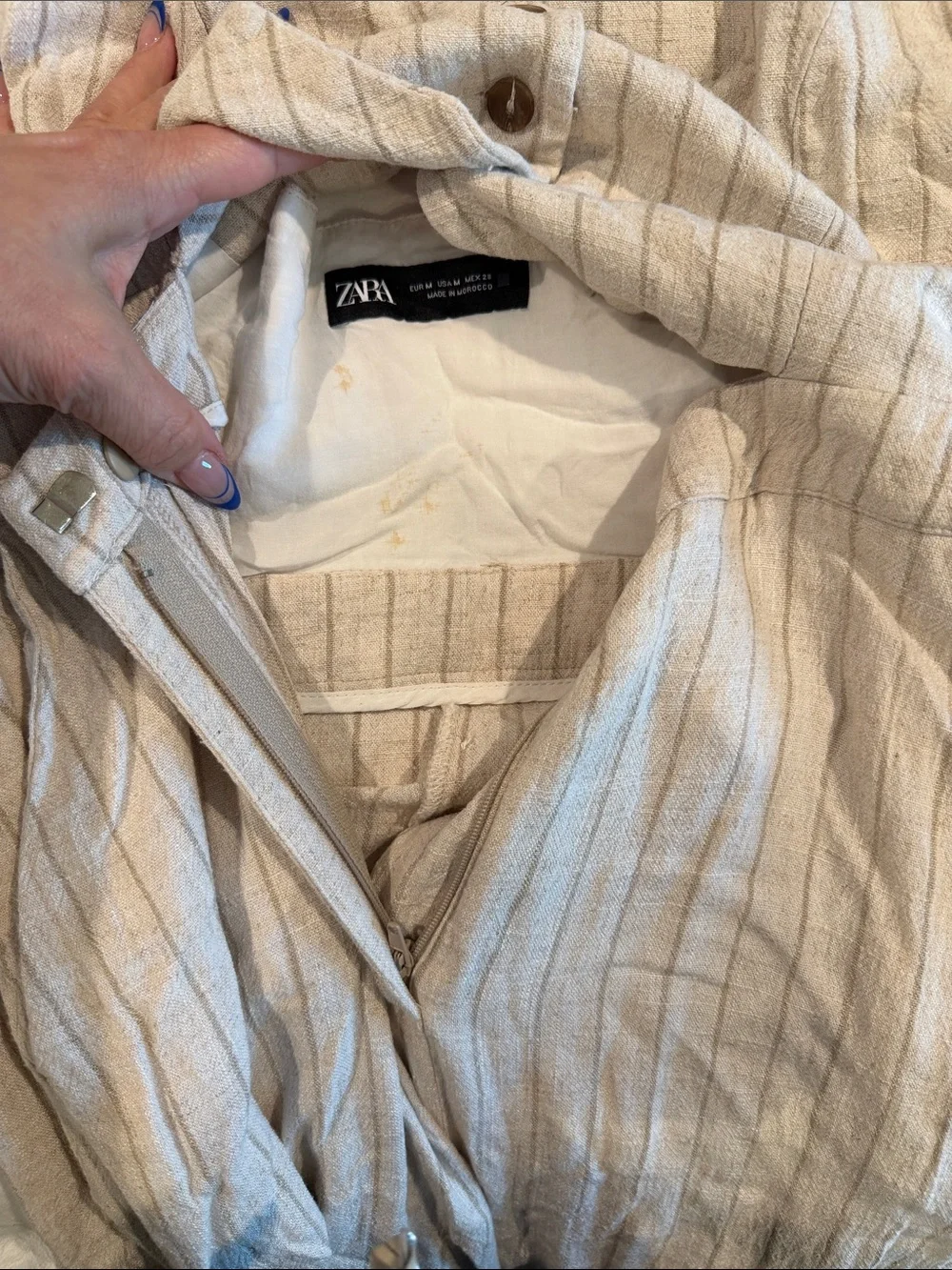 Zara Linen Blend Halter Wide Leg Jumpsuit Open Back Beige Stripe Size M